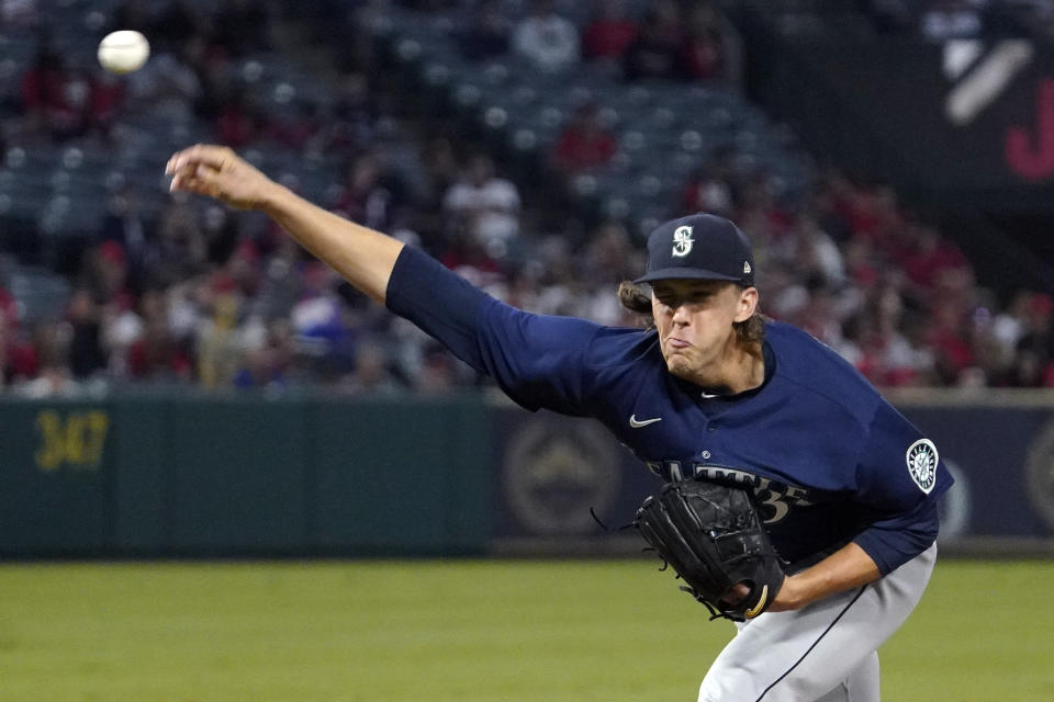 Seattle Mariners starting pitcher Logan Gilbert throws to the plate during the first inning of a baseball game against the Los Angeles Angels Friday, Sept. 24, 2021, in Anaheim, Calif. (AP Photo/Mark J. Terrill)