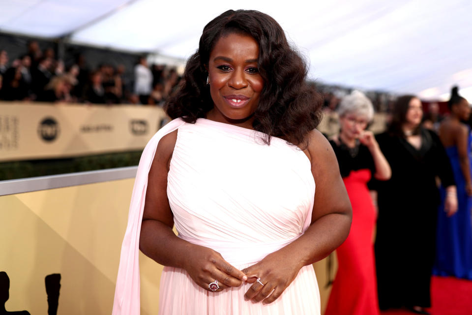 <p>“We knew we wanted to do something that felt romantic to compliment her flowy dress,” celebrity hairstylist Lacy Redway said in a statement regarding Aduba’s SAG hair. “<span>Uzo</span> has natural 4C curly hair, but we wanted to stretch out her tightly coiled curls for a looser wave.” To keep hair hydrated, Redway used Nexxus Humectress Conditioning Mist along with Jane Carter Solution Nourish and Shine before blow drying. <strong>Pro tip: </strong>It’s important to keep 4C hair moisturized because it requires more hydration than other hair types. (Photo: Getty Images) </p>