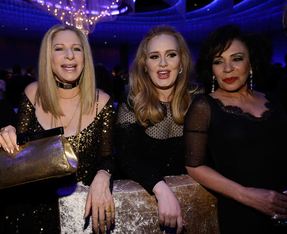 Barbra Streisand, Adele, winner of the Best Original Song award for 'Skyfall,' and Shirley Bassey attend the Oscars Governors Ball at Hollywood & Highland Center on February 24, 2013 in Hollywood, California.