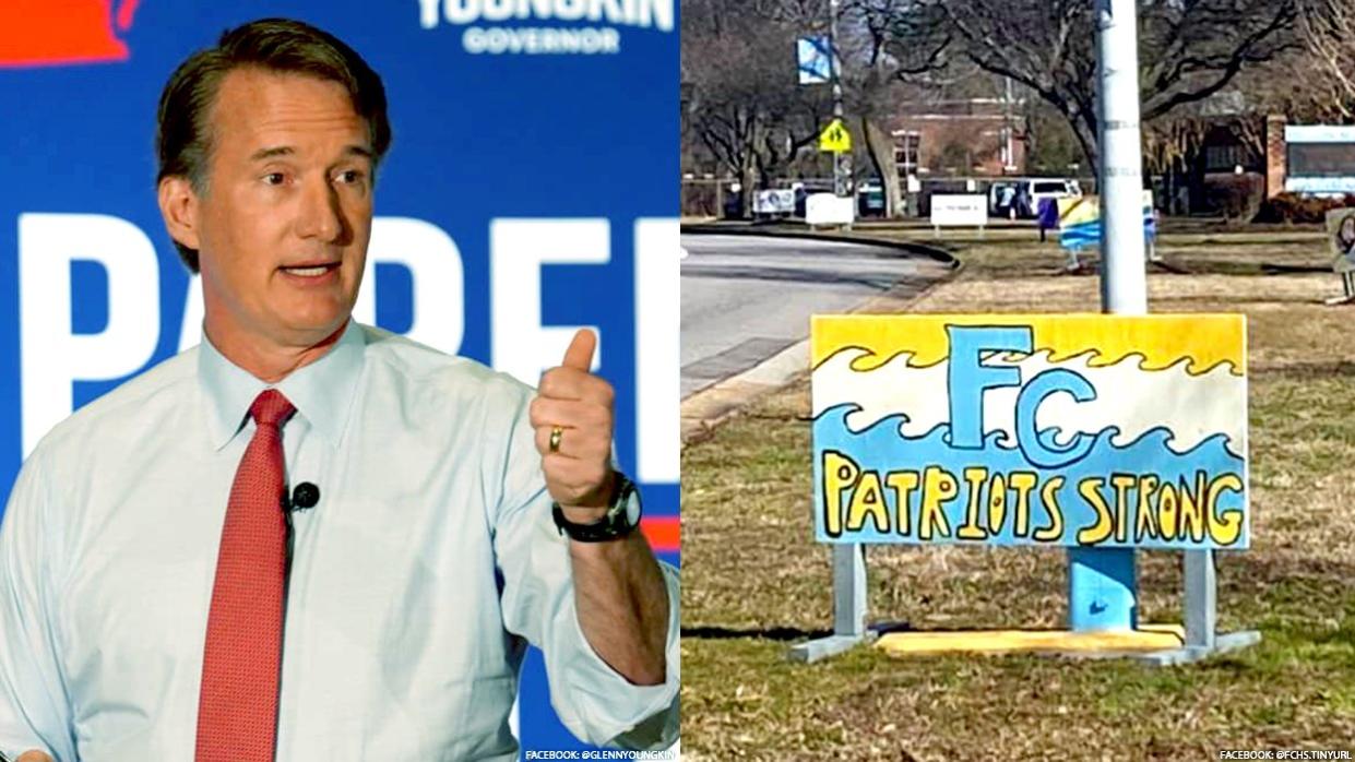 Glenn Youngkin and a sign at First Colonial High School in Virginia Beach