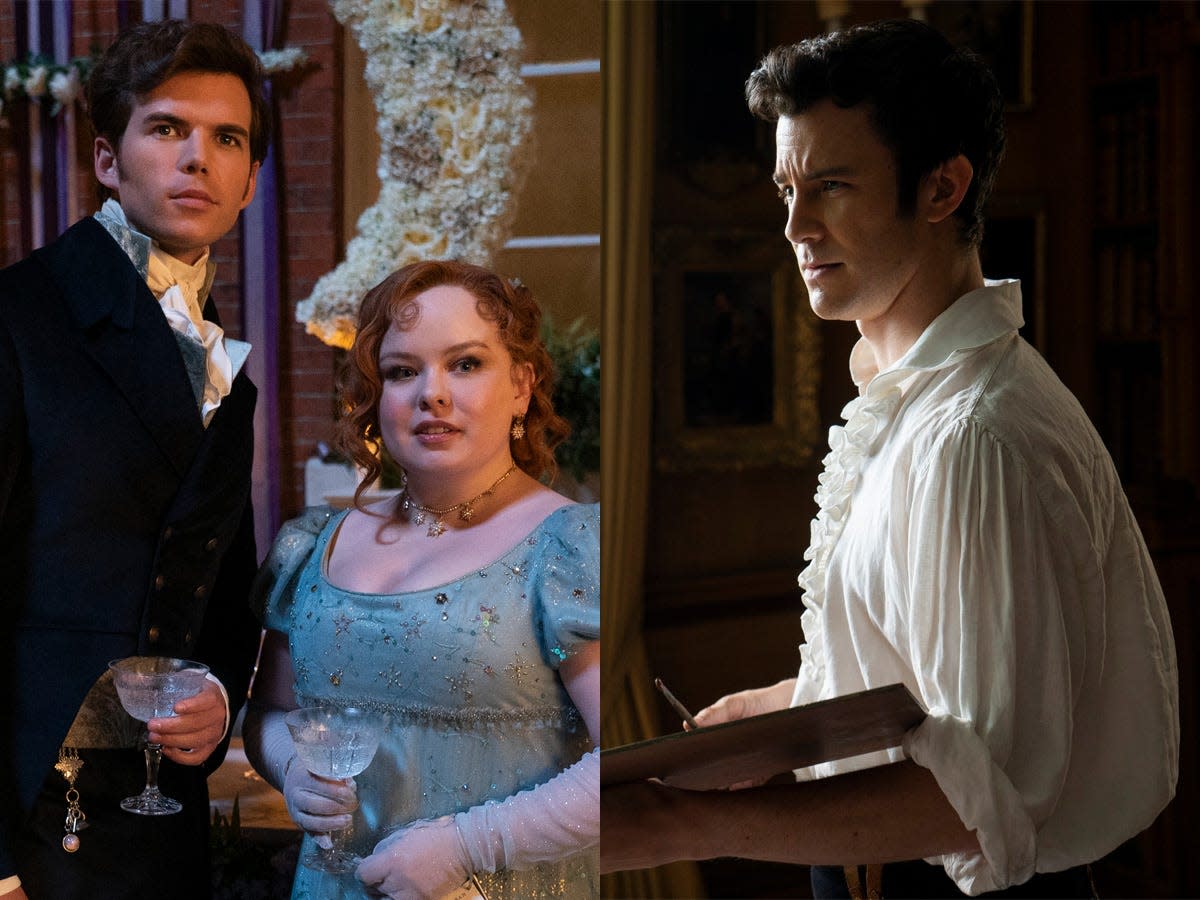 Left: Luke Newton as Colin Bridgerton and Nicola Coughlan as Penelope Featherington on season three of "Bridgerton." Right: Luke Thompson as Benedict Bridgerton on season two of "Bridgerton."