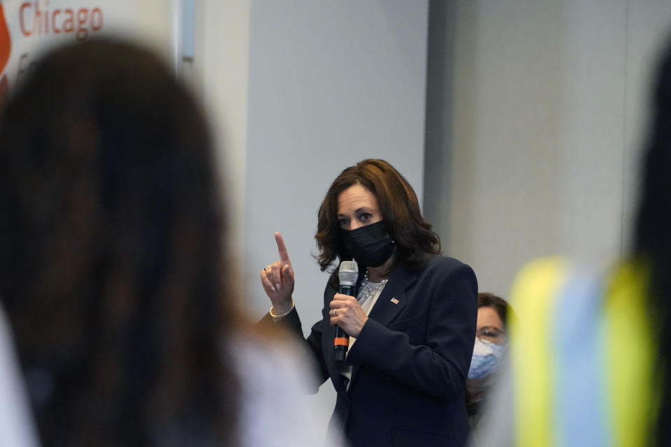 Vice President Kamala Harris speaks during a visit to a COVID-19 vaccination site Tuesday, April 6, 2021, in Chicago. The site is a partnership between the City of Chicago and the Chicago Federation of Labor. (AP Photo/Jacquelyn Martin)