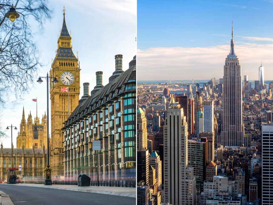 London big Ben London (L) Aerial view of skyscrapers in New York City (R) ZGPhotography/Shutterstock (L), Thiago Leite/Shutterstock (R)