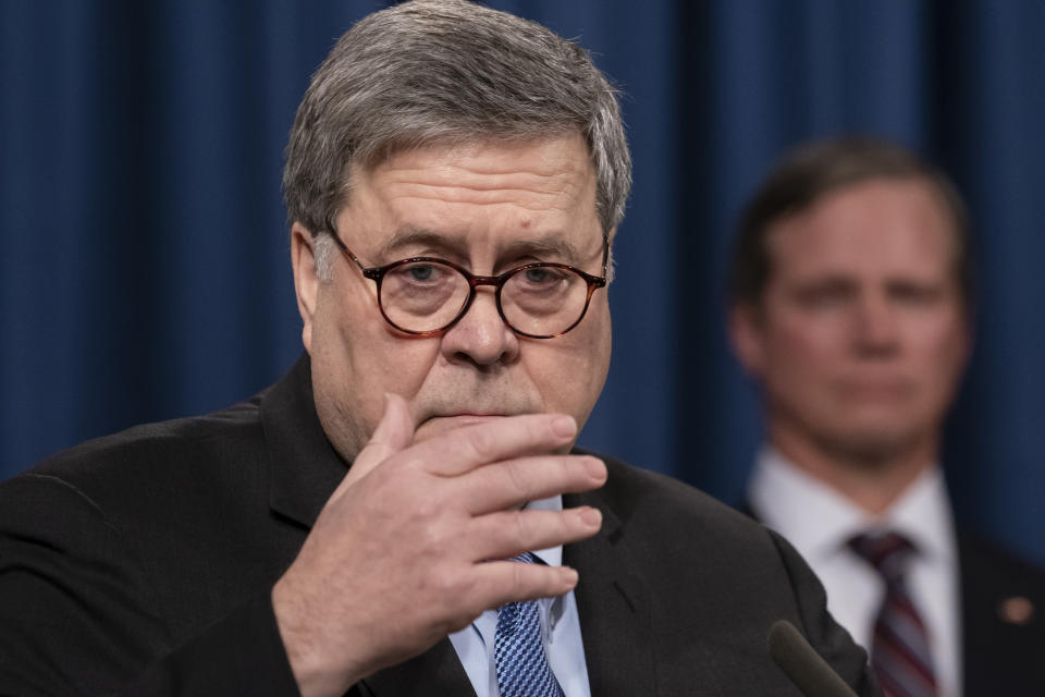 Attorney General William Barr pauses as he speaks to reporters at the Justice Department in Washington, Monday, Jan. 13, 2020, to announce results of an investigation of the shootings at the Pensacola Naval Air Station in Florida. On Dec. 6, 2019, 21-year-old Saudi Air Force officer, 2nd Lt. Mohammed Alshamrani, opened fire at the naval base in Pensacola, killing three U.S. sailors and injuring eight other people. (AP Photo/J. Scott Applewhite)