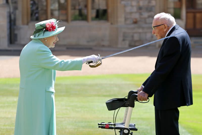 Fundraising UK veteran Captain Tom receives knighthood from Britain's Queen Elizabeth at Windsor Castle