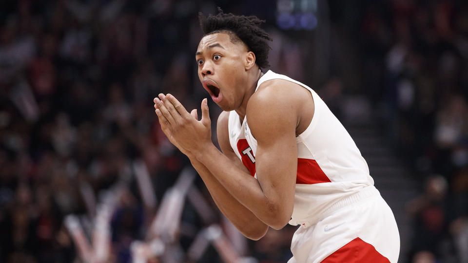 Raptors forward Scottie Barnes is not happy with Jake Fischer over the OG Anunoby rumours. (Photo by Cole Burston/Getty Images)