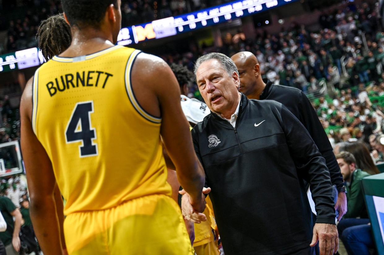 Michigan State's head coach Tom Izzo head coach Tom Izzo, right, shakes hands with Michigan's Nimari Burnett after the Spartans victory over the Wolverines on Tuesday, Jan. 30, 2024, at the Breslin Center in East Lansing. The win was Izzo's 700th of his career.