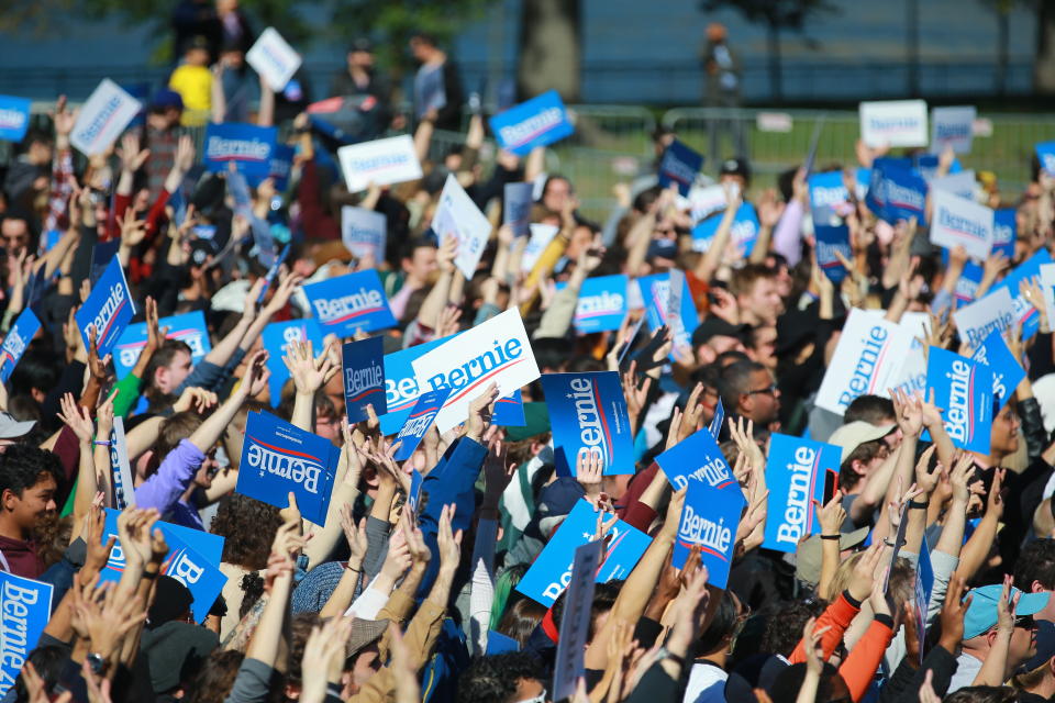 Supporters await Vermont senator and Democratic presidential candidate Bernie Sanders as he campaigns at the Bernie's Back Rally in Long Island City, New York on Saturday, Oct. 19, 2019. (Photo: Gordon Donovan/Yahoo News) 