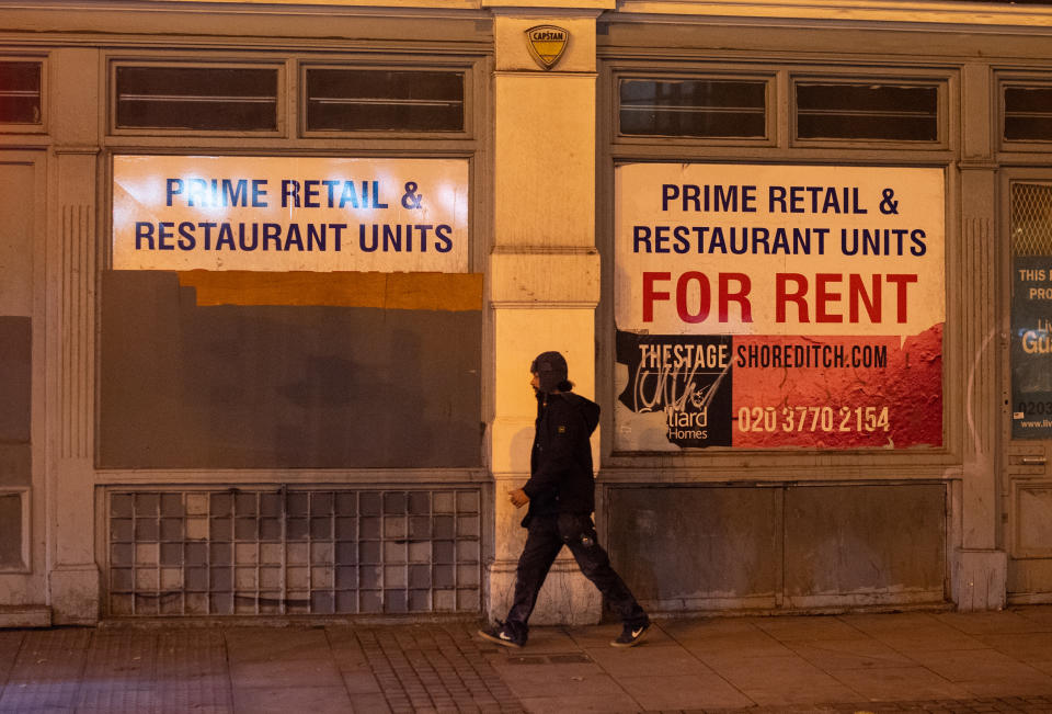 Closed pubs and restaurants in Shoreditch, east London, at the end of the first full week of the four week national lockdown in England. (Photo by Dominic Lipinski/PA Images via Getty Images)