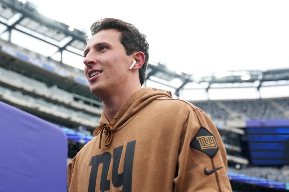 New York Giants quarterback Tommy DeVito (15) is shown at MetLife Stadium before the game with the New England Patriots, Thursday, November 23, 2023.