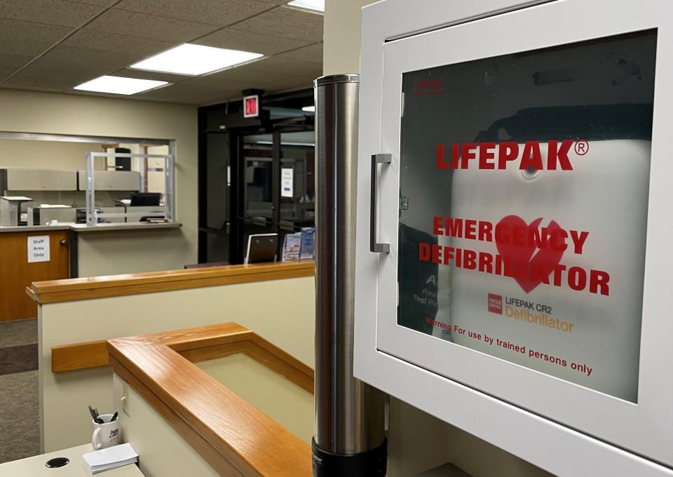 The AED in the lobby of Laketown Township Hall, 4338 Beeline Road.