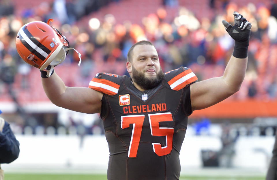 FILE - In this Sunday, Nov. 11, 2018 file photo, Cleveland Browns offensive tackle Joel Bitonio celebrates after the Browns defeated the Atlanta Falcons 28-16 in an NFL football game in Cleveland. Browns guard Joel Bitonio has a campaign manager working on his Pro Bowl election. "My grandma really wants me to go," he said. "She thinks I'm a good player and she votes a lot." The fifth-year pro has a good chance of being chosen for his first Pro Bowl.(AP Photo/David Richard, File)