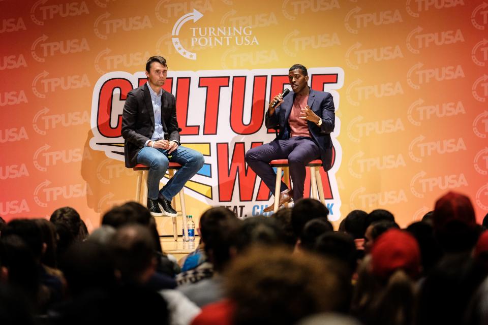 Charlie Kirk and Rob Smith speak at Turning Point USA (TPUSA)  Culture War event at the Ohio State University in Columbus, Ohio on October 29, 2019. (Photo by MEGAN JELINGER/AFP via Getty Images)