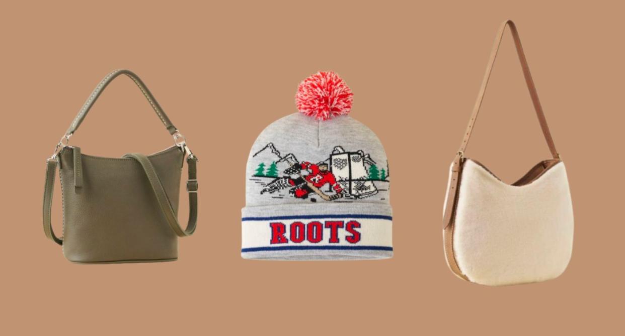 two roots handbags and a toque