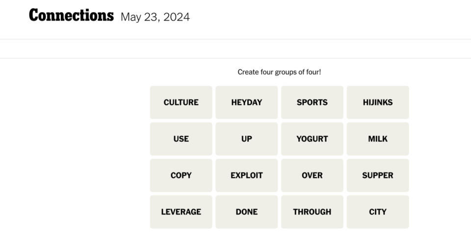 <em>Today's NYT Connections puzzle for Thursday, May 23,</em><em> 2024</em><p>New York Times</p>