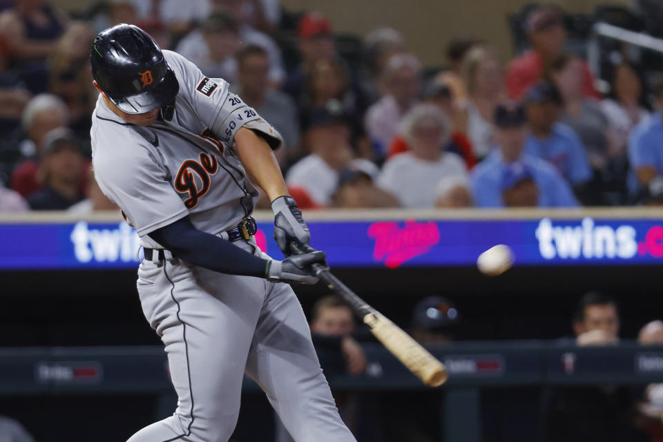 Detroit Tigers' Spencer Torkelson hits a solo home run against the Minnesota Twins during the ninth inning of a baseball game Tuesday, Aug. 15, 2023, in Minneapolis. The Twins won 5-3. (AP Photo/Bruce Kluckhohn)