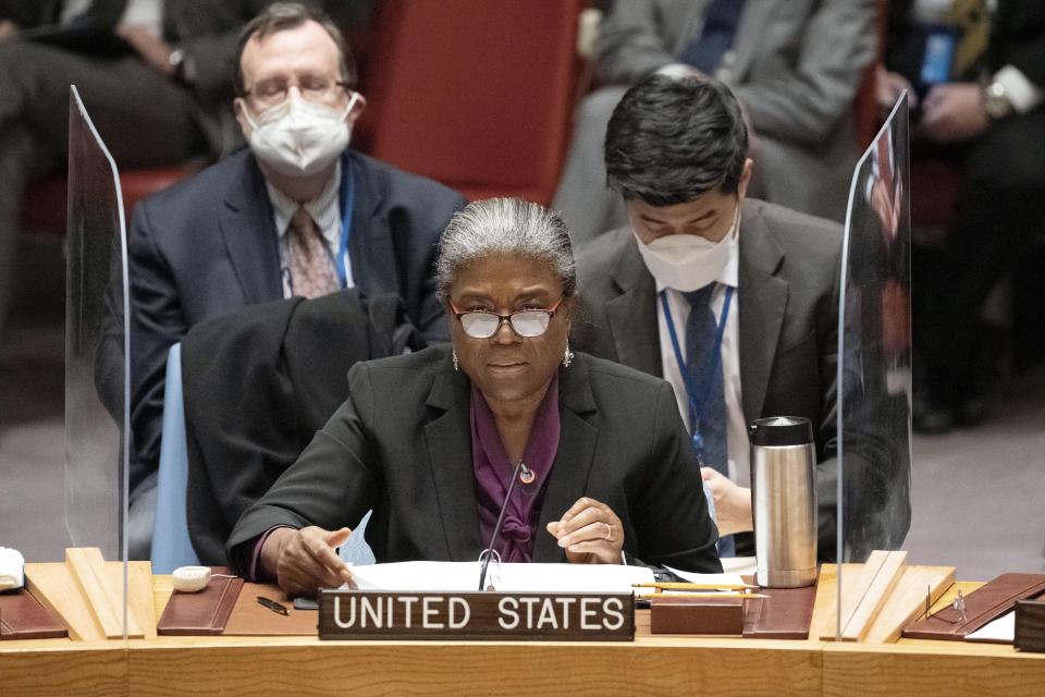 In this image provided by the United Nations, U.S. Ambassador to the United Nations Linda Thomas-Greenfield speaks during an emergency U.N. Security Council meeting on Ukraine, at the U.N. headquarters, Monday, Feb. 21, 2022. (Evan Schneider/United Nations via AP)