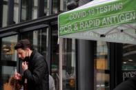 A man takes a coronavirus disease (COVID-19) test at pop-up testing site in New York