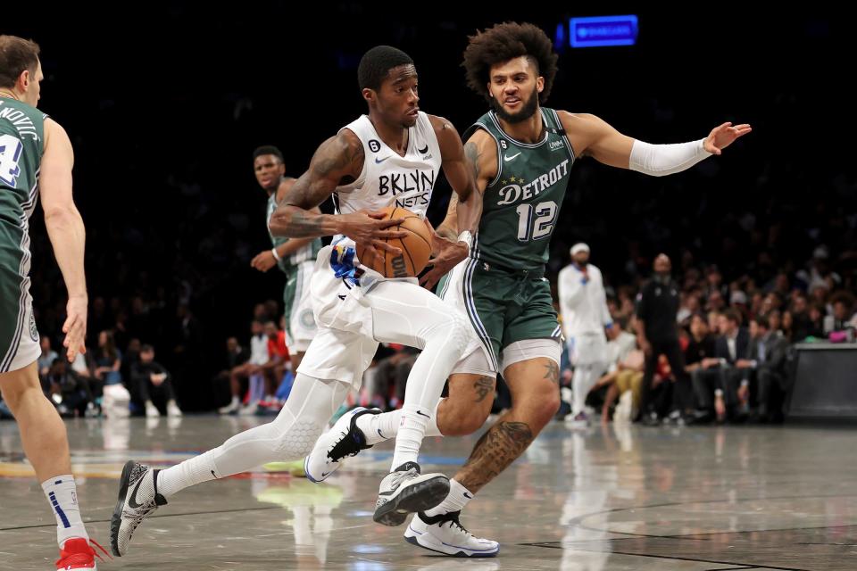 Nets guard Edmond Sumner drives to the basket against Pistons forward Isaiah Livers during the second quarter on Thursday, Jan. 26, 2023, in New York.