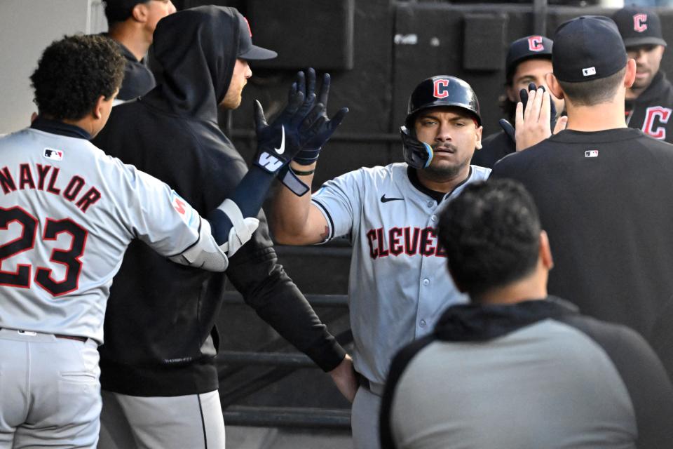 Guardians first baseman Josh Naylor celebrates in the dugout after hitting a fourth-inning home run against the White Sox, May 11, 2024, in Chicago.