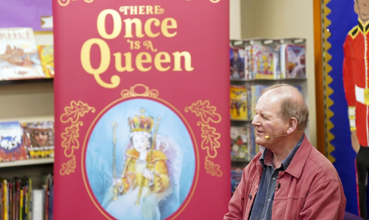 Children’s author Michael Morpurgo gives a reading from his new book There Once is a Queen, written for the Queen’s Platinum Jubilee, to an in-person audience of 120 school children from St Jude’s School, plus an online live-stream, at Portsmouth Central Library, Hampshire. Picture date: Monday May 23, 2022. (PA Wire)