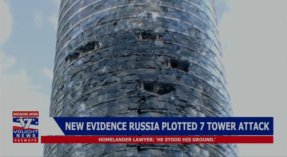 Seven Tower seen on the news on season one, episode one of "Gen V."