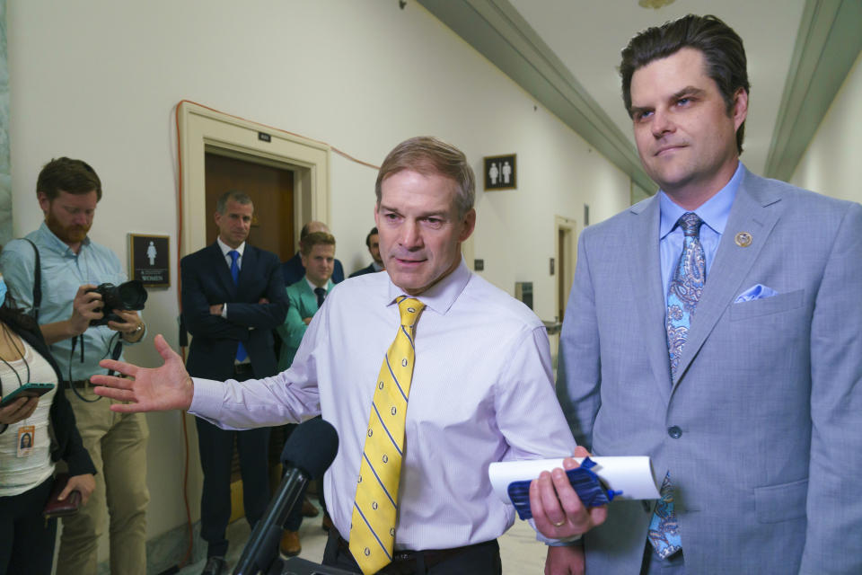 FILE - Rep. Jim Jordan, R-Ohio, left, and Rep. Matt Gaetz, R-Fla., speak to reporters after a hearing investigating former President Donald Trump, at the Capitol in Washington, Friday, June 4, 2021. (AP Photo/J. Scott Applewhite, File)