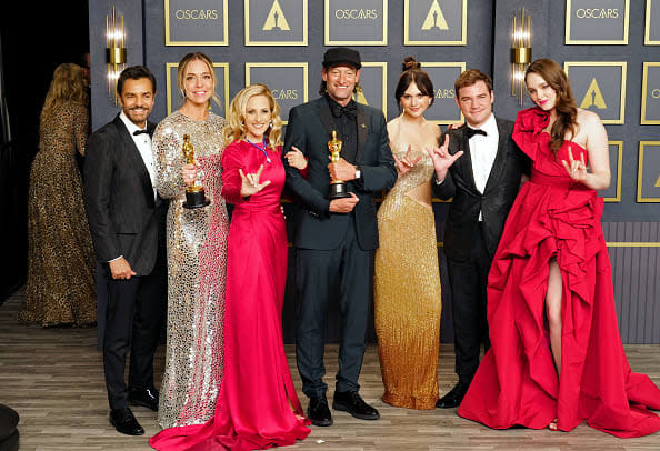 <div class="inline-image__caption"><p>Eugenio Derbez, Sian Heder, Marlee Matlin, Troy Kotsur, Emilia Jones, Daniel Durant and Amy Forsyth, winners of the Best Picture award for “CODA,” pose in the press room during the 94th Annual Academy Awards at Hollywood and Highland on March 27, 2022 in Hollywood, California.</p></div> <div class="inline-image__credit">Jeff Kravitz/FilmMagic/Getty</div>