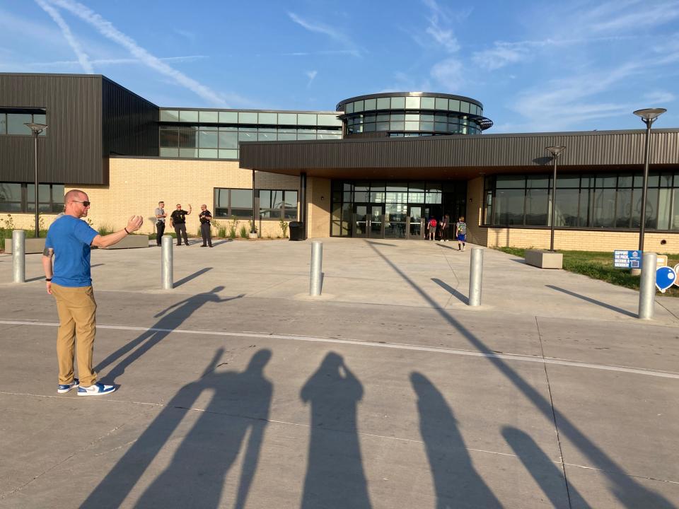 Trailridge School principal Adam Shockey welcomes students and families at the new middle-level school in Waukee on Wednesday, Aug. 23, 2023. The school currently serves about 450 sixth and seventh grade students.