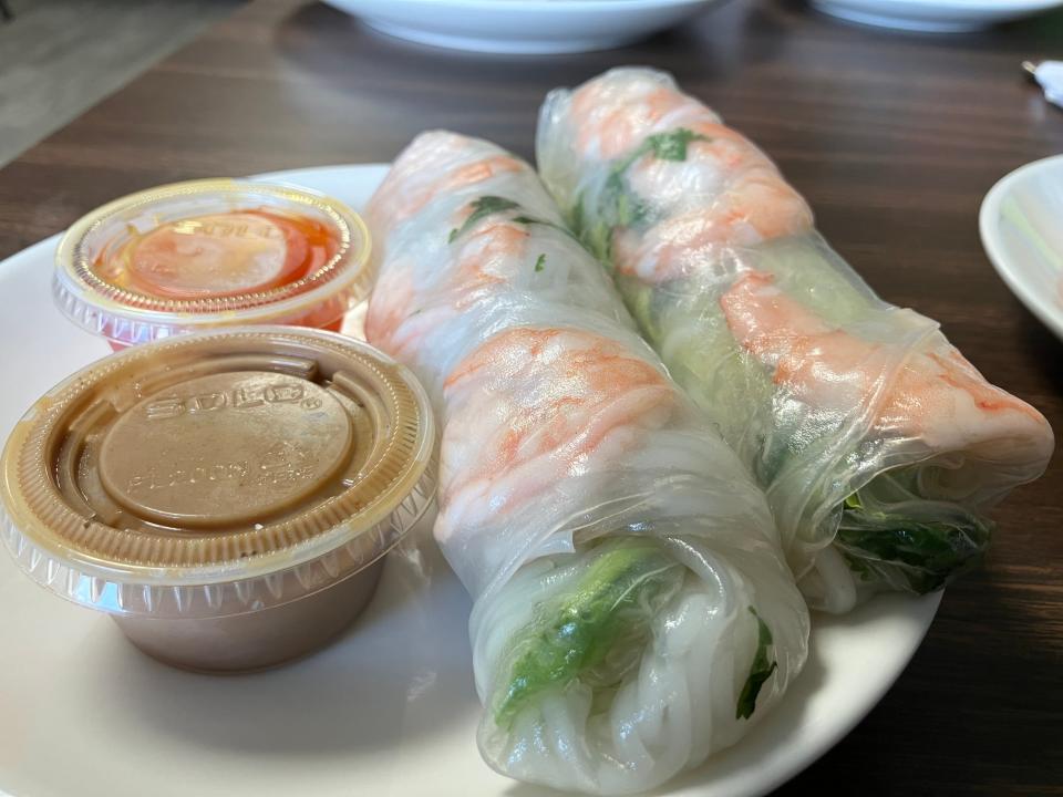 Summer rolls loaded with rice noodles, shrimp and vegetables like green onions and lettuce are served with sweet chili and peanut sauce at Yuki House in Cuyahoga Falls.