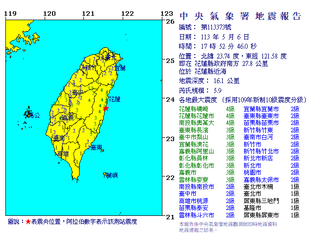 花蓮近海17：52再震 ，規模達5.9。(圖：氣象署)