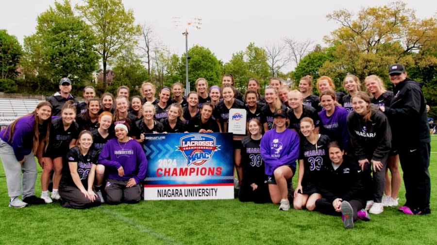 <em>(Photo Courtesy: @MAACSports on “X”) Corning’s Maddy Gill help boost Niagara women’s lacrosse to a season of firsts for the program. </em>