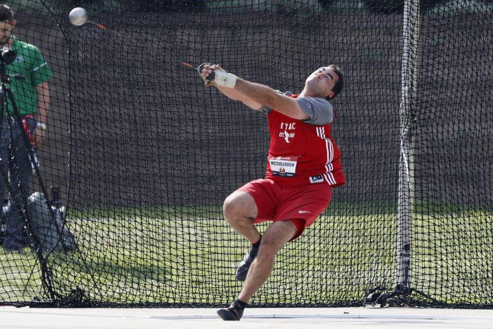 Conor McCullough throws during the men's hammer throw at the U.S. Championships athletics meet, Friday, July 26, 2019, in Des Moines, Iowa. (AP Photo/Charlie Neibergall)