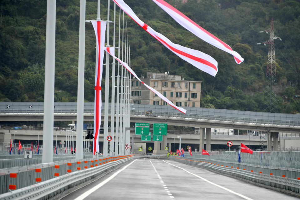 A view of the new San Giorgio Bridge being inaugurated in Genoa, Italy, Monday, Aug. 3, 2020. A large section of the old Morandi bridge collapsed on Aug. 14, 2018, killing 43 people and forcing the evacuation of nearby residents from the densely built-up area. (Gian Mattia D'Alberto/LaPresse via AP)