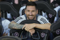 Inter Miami forward Lionel Messi smiles before a Leagues Cup soccer match against Cruz Azul, Friday, July 21, 2023, in Fort Lauderdale, Fla. (AP Photo/Lynne Sladky)