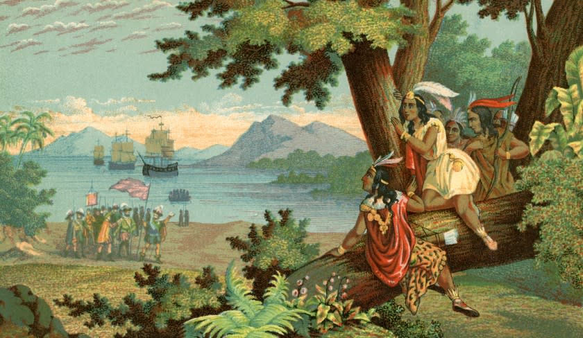 Vintage illustration of Christopher Columbus arriving in the New World; chromolithograph, 1900. (Photo by GraphicaArtis/Getty Images)