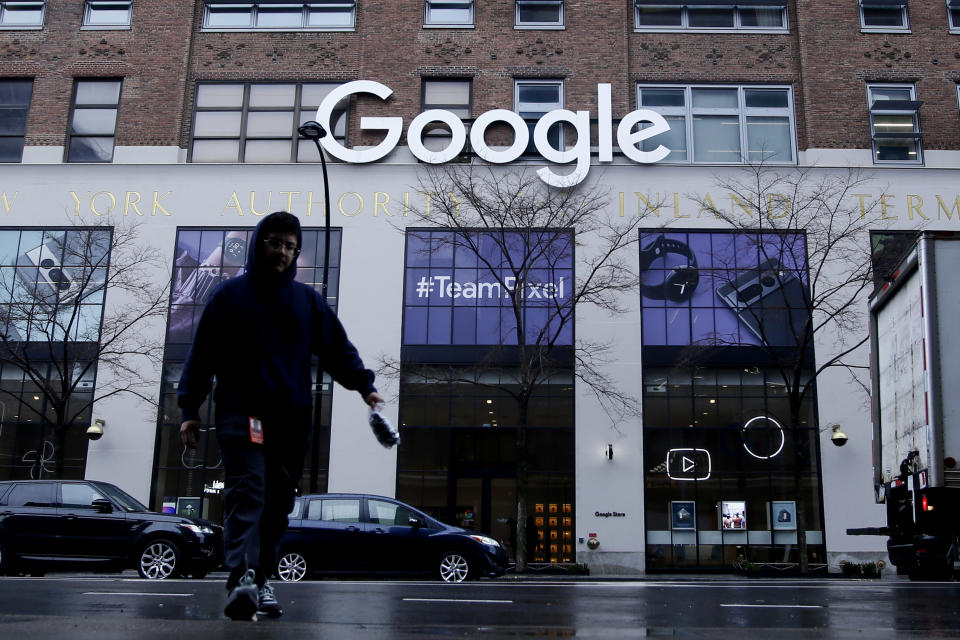 NEW YORK, NEW YORK - JANUARY 25: A man walks near Google offices on January 25, 2023 in New York City.  The US Justice Department and a group of eight states sued Google accusing it of illegally abusing a monopoly over the technology that powers online advertising.  (Photo by Leonardo Munoz/VIEWpress)