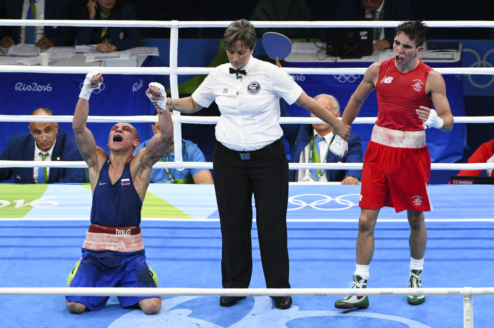 RIO DE JANEIRO, BRAZIL - AUGUST 16:  Vladimir Nikitin (RUS) reacts after he won against John Michael Conlan (IRL) in the quarter finals in the 56kg division during the Olympic Games on August 16, 2016 in Rio De Janeiro, . (Photo by Jonathan Newton / The Washington Post via Getty Images)