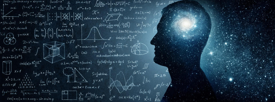 Silhouette of a person's head with mathematical and scientific symbols on a cosmic background, symbolizing complex thought