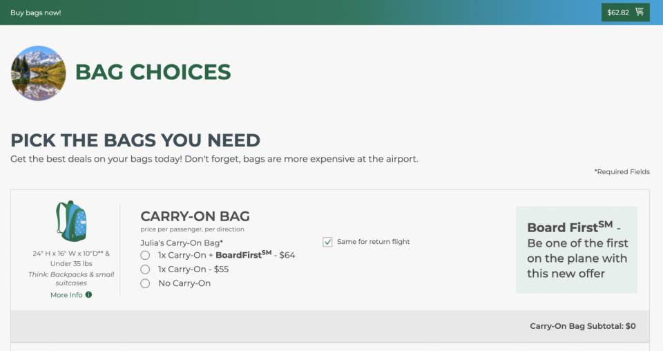 Screenshot of Frontier's website with "Bag Choices."