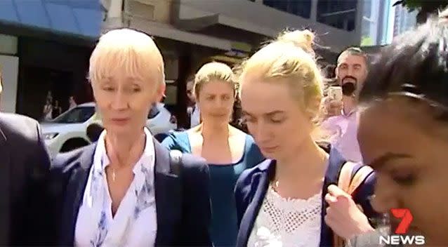 Genute Balsiene, left, and daughter Saule Baslyte leave court early. Source: 7 News