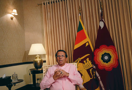 Sri Lanka's President Maithripala Sirisena speaks during an interview with Reuters at his residence in Colombo, Sri Lanka May 4, 2019. REUTERS/Dinuka Liyanawatte