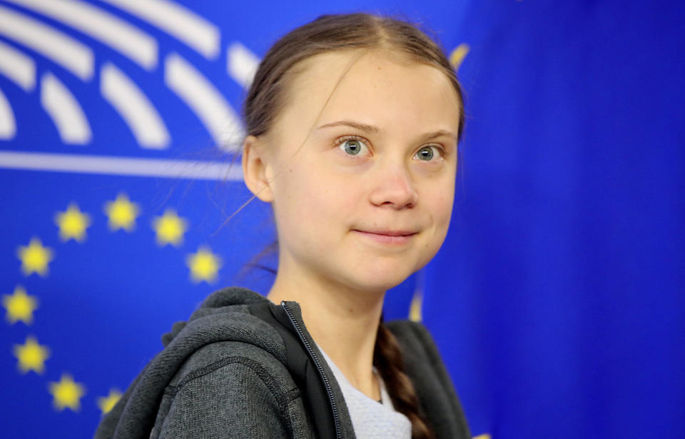 Swedish climate activist Greta Thunberg arrives for a meeting of the Environment Council at the European Parliament in Brussels, Wednesday, March 4, 2020. Climate activists and Green members of the European Parliament are urging the European Union to be more ambitious as the bloc gets ready to unveil plans for a climate law to cut greenhouse gas emissions to zero by mid-century. (AP Photo/Olivier Matthys)