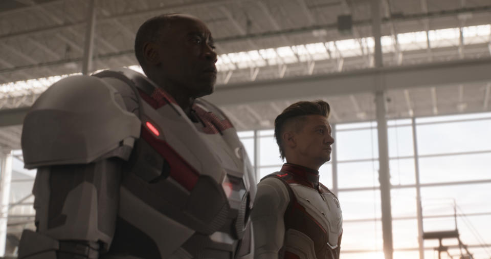 Still from 'Avengers: Endgame' featuring War Machine/James Rhodey (Don Cheadle) and Hawkeye/Clint Barton (Jeremy Renner). | Film Frame—Marvel Studios 2019