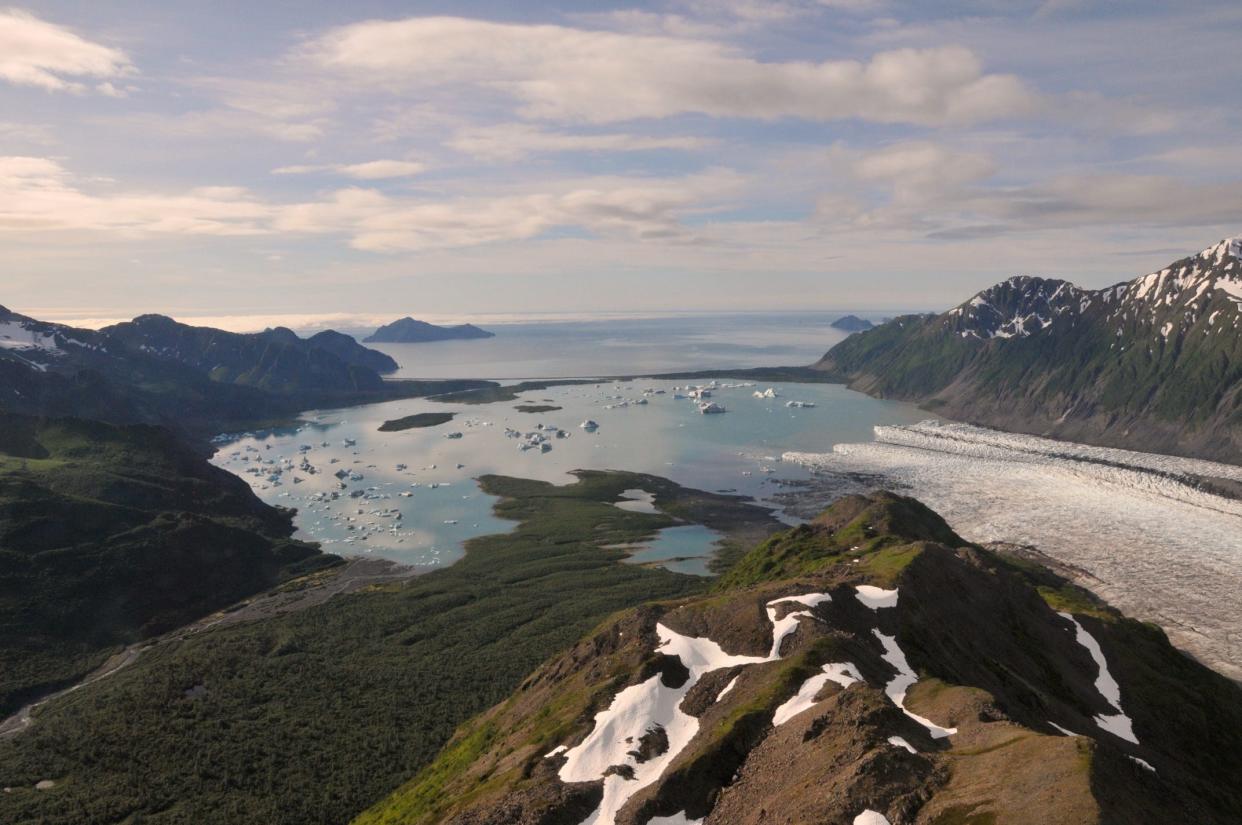 At the edge of the Kenai Peninsula lies a land where the Ice Age lingers. Nearly 40 glaciers flow from the Harding Icefield, the largest icefield solely contained within the United States.