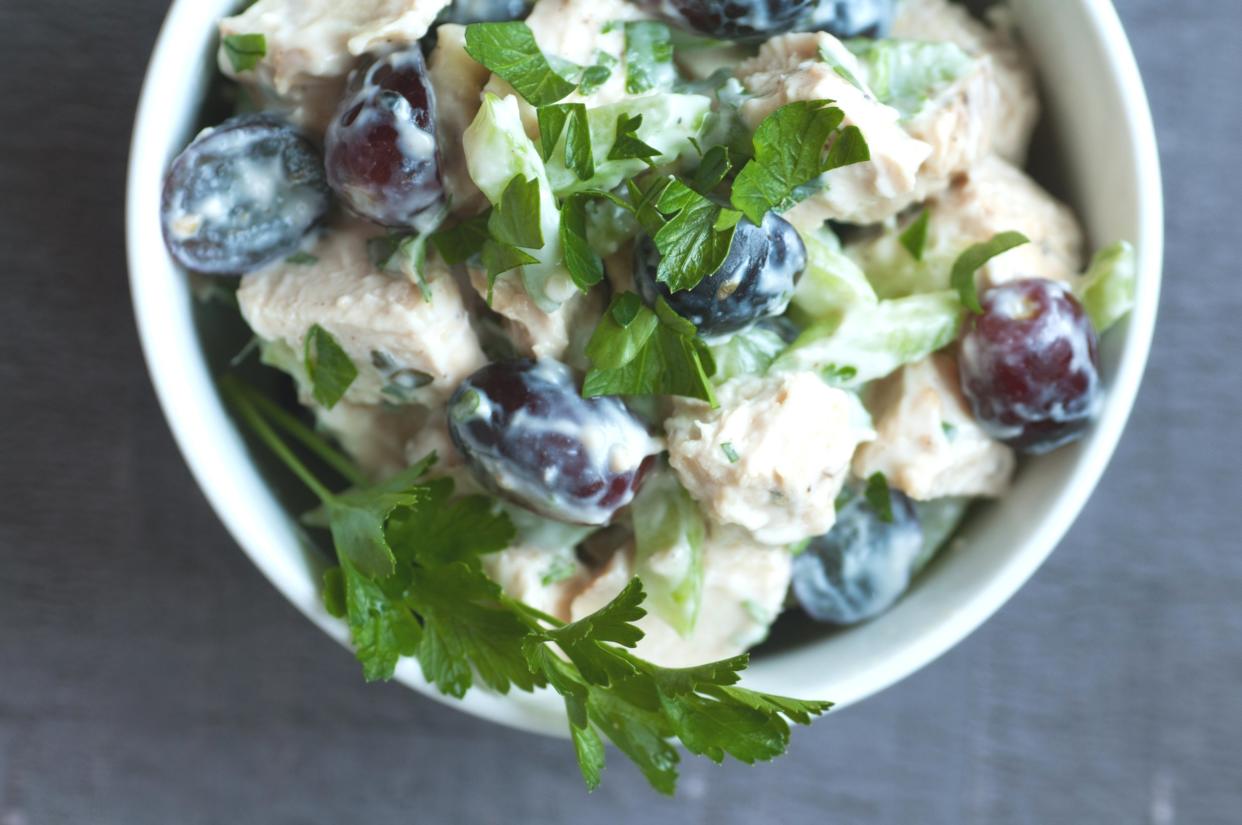 Classic chicken salad with grapes celery and herbs