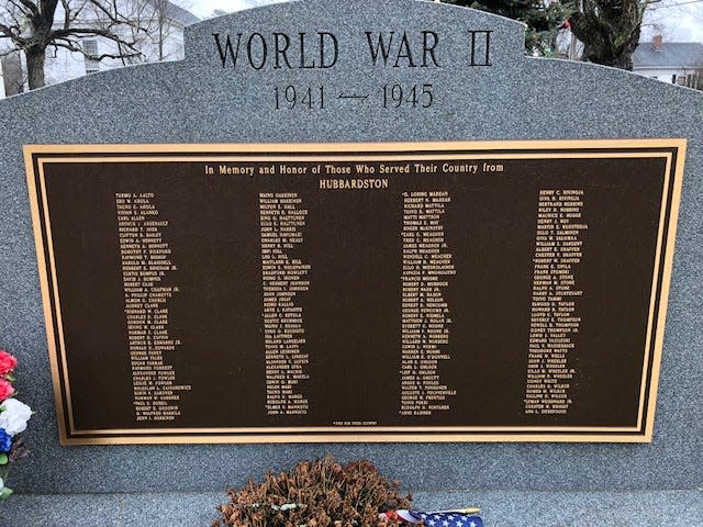 The Hubbardston World War II monument located on the Hubbardston Common.