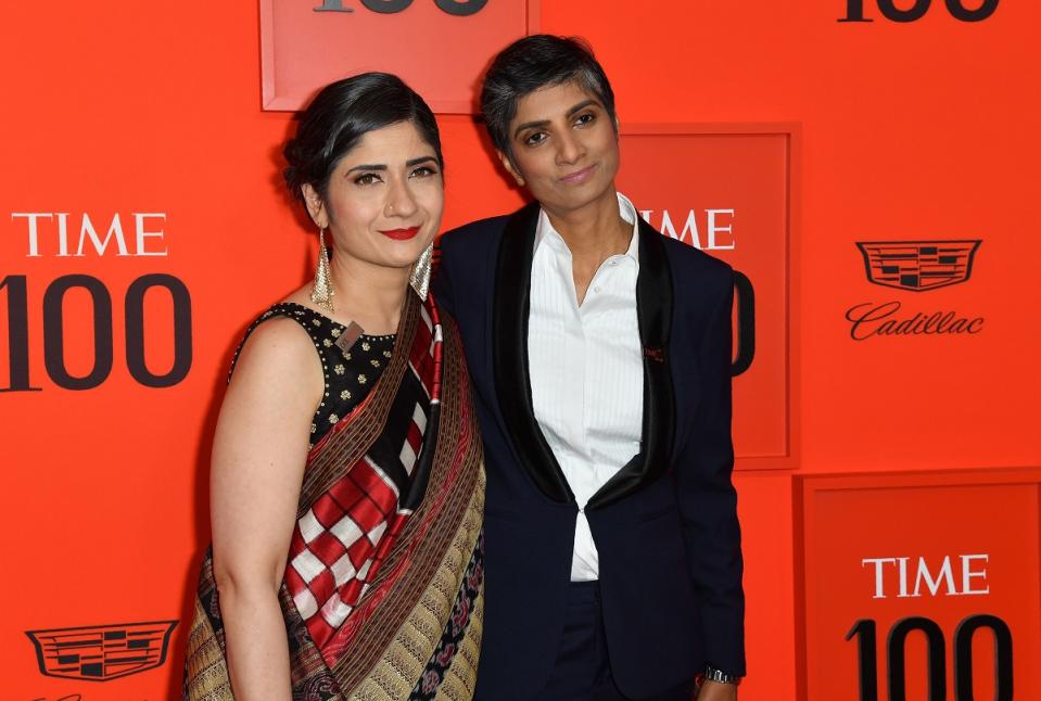 Arundhati Katju (L) and Menaka Guruswamy (R) arrive on the red carpet for the Time 100 Gala at the Lincoln Center in New York on April 23, 2019. (Photo by ANGELA WEISS/AFP via Getty Images)
