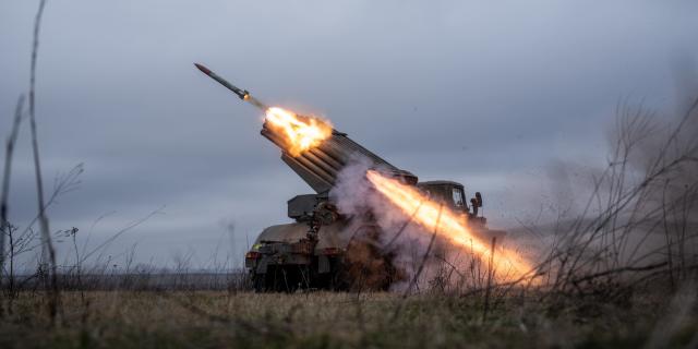 Ukrainian servicemen from 24th brigade operate a BM-21 Grad near the frontlines of Toretsk, Ukraine on March 18, 2023.