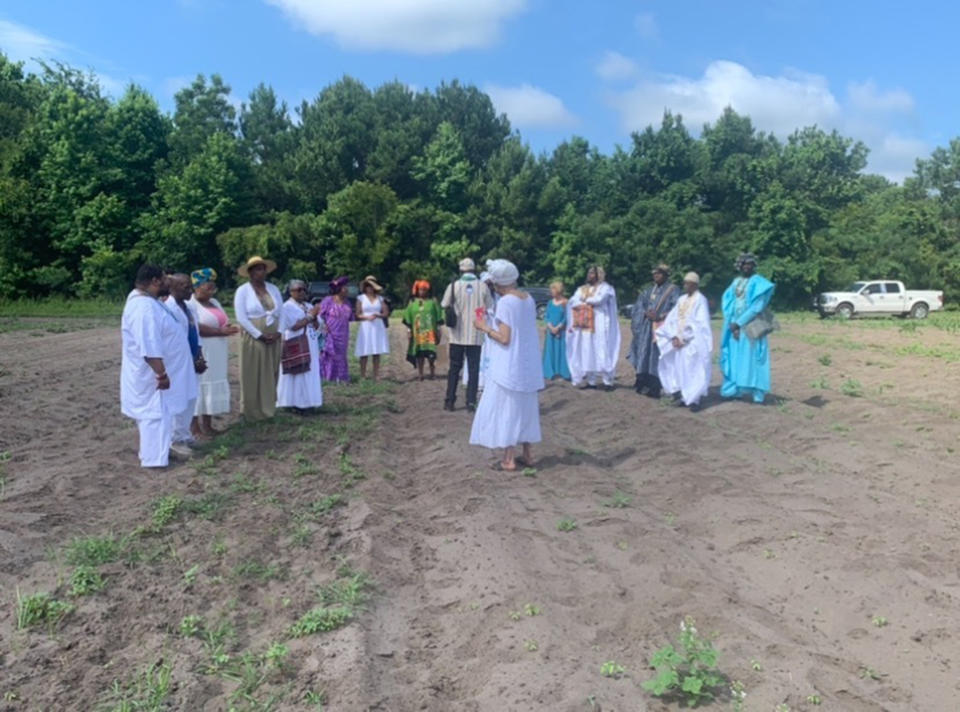 Lipscombe's land being blessed by elders from the community, her distant relatives and others, including Michael Twitty, Mashama Bailey and David and Tonya Thomas. (TODAY)